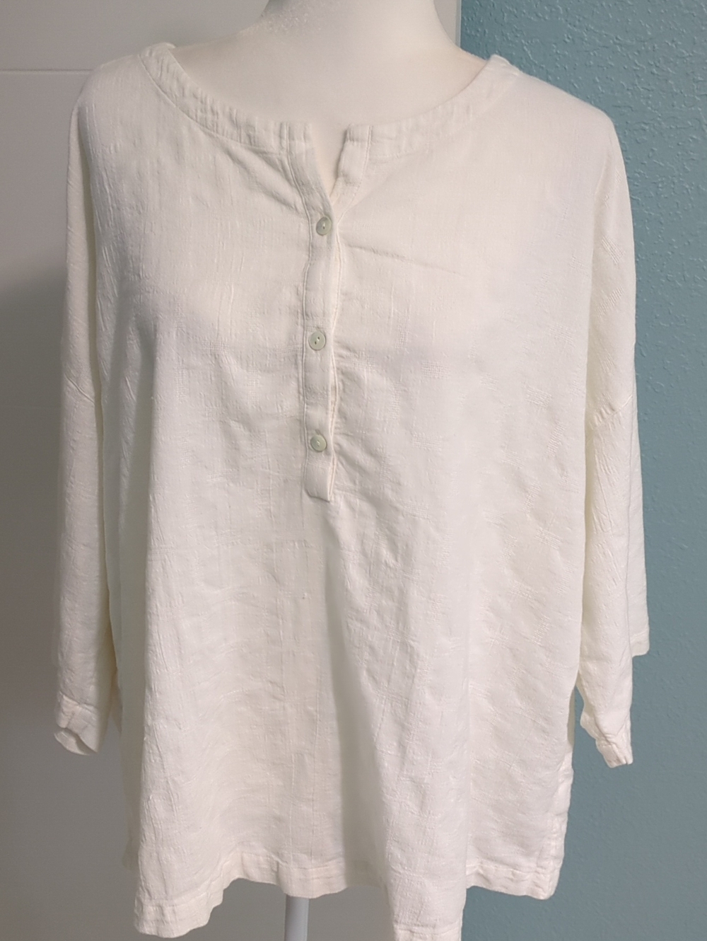 Jill Gauzy Textured Women's Off White Henley Button-Front Shirt Drop Shoulder 2X